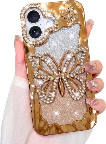 Vista 52 de Bonoma Funda con purpurina para iPhone 13 Pro Max, bonita funda 3D con patrón de chapado en degradado de mariposa de diamante, protección de cámara