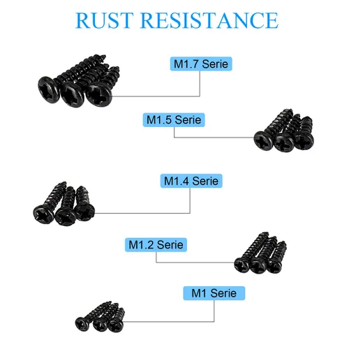 Vista 5 de 750 tornillos negros pequeños para electrónica, M1, M1.2, M1.4, M1.5, M1.7 Tornillos autorroscantes Phillips muy pequeños, tornillos de micro