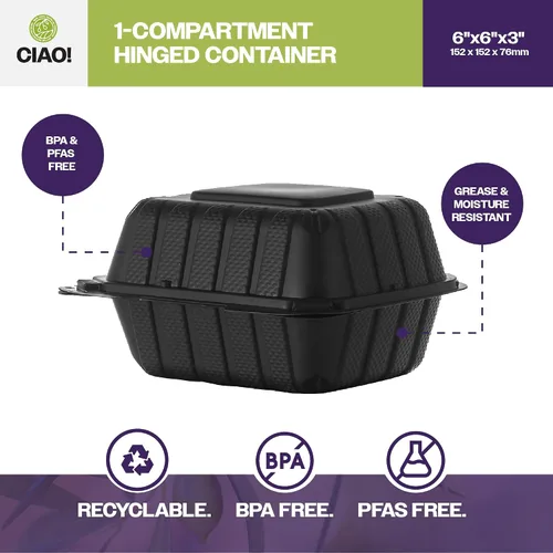 Vista 2 de CIAO! Contenedor negro con bisagras MFPP de 6"x6"x3" con tapa, 1 compartimento (caja de 300)