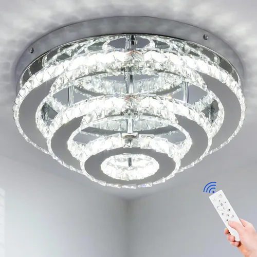 Vista 12 de Lámpara de Araña Empotrada LED de Cristal de 13.8 Pulgadas, Lámpara de Techo de 3 Niveles de Cristal para Dormitorios, Comedor, Sala de Estar, 3