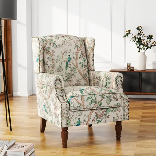 Vista 43 de High Back Accent Chair, Fabric Upholstered Armchair Wingback Chair for Living Room, Comfy Bedroom Reading Seat with Solid Wood Legs, Beige