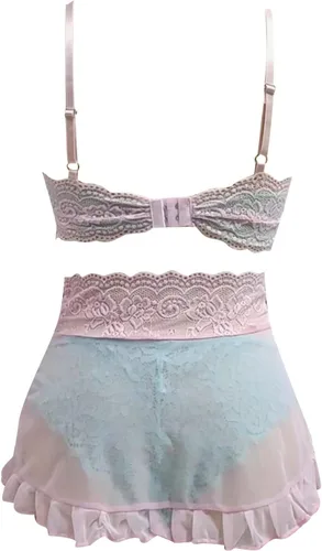Vista 9 de Conjunto de lencería de moda para mujer, lencería sexy para mujer, disfraz de lencería de encaje (rosa, L)