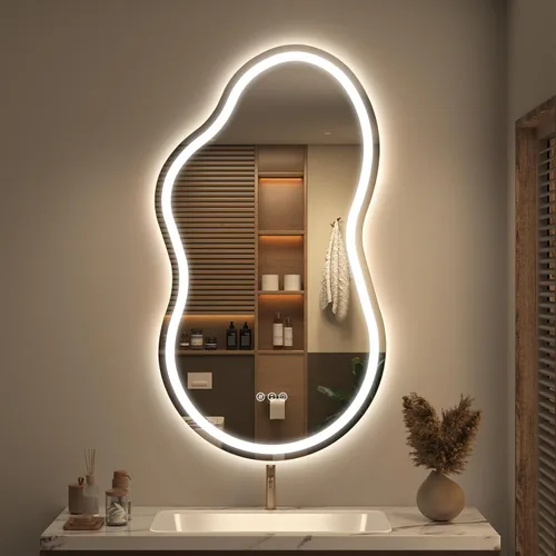 Vista 10 de SMIROR Espejo de Baño Retroiluminado Irregular con Luces 20 x 32, Espejo de Tocador con Luz LED Asimétrica en Forma de Nube para Pared