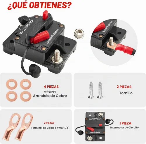 Vista 6 de RED WOLF Disyuntor de Circuito de 100A con Conector de Terminal de Anillo de Batería de Calibre 6, Interruptor de Reinicio Manual para Motor