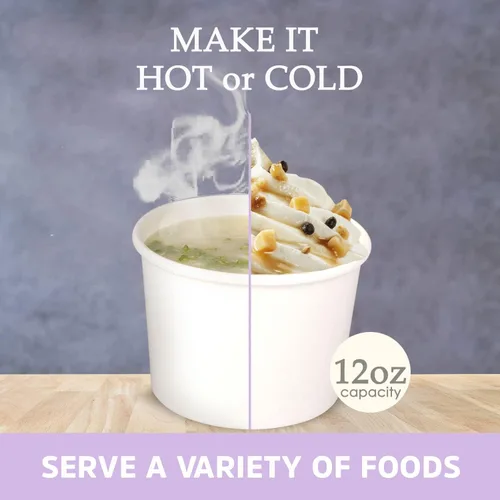 Vista 6 de Juego de 50 tazas desechables de helado blanco de 12 onzas con tapa, tazas de papel para llevar, taza de papel para llevar, recipiente de comida