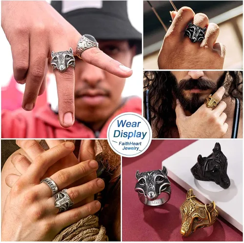 Vista 5 de FaithHeart Norse Viking Jewelry - Anillo de acero inoxidable de guerrero para hombre con diseño vikingo de cabeza de lobomartillo de Thor