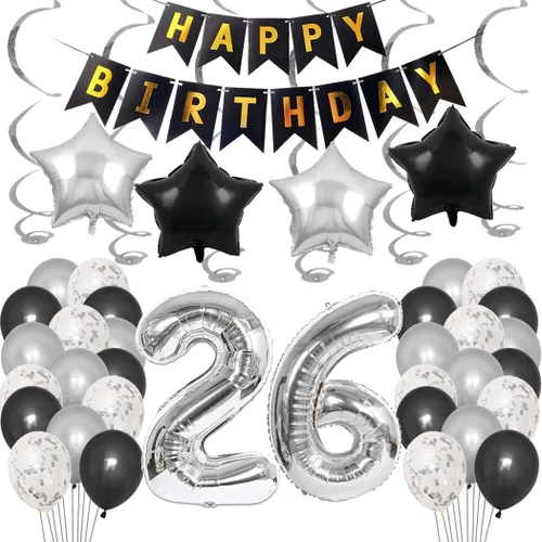 Vista 11 de Juego de decoraciones de fiesta de cumpleaños número 14 para niñas, niños, mujeres y hombres, pancarta de letras negras de feliz cumpleaños, globos