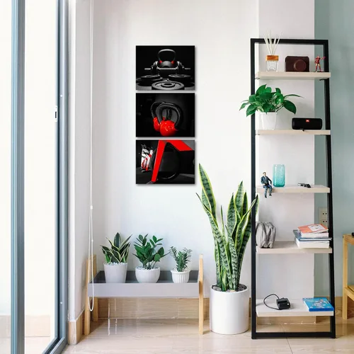 Vista 4 de Muzenso - Juego de 3 lienzos de pared de 12 x 16 pulgadas, impresiones de arte de fitness con mancuernas con pesas rusas giratorias, decoración