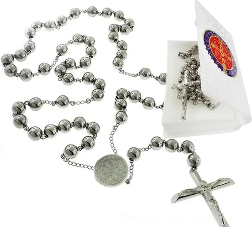 Vista 2 de Rosario católico cuentas collar de oración acero inoxidable San Benito medalla de 28 pulgy 6 mm 24 pulg y 6 mm o 18 pulg y 4 mm