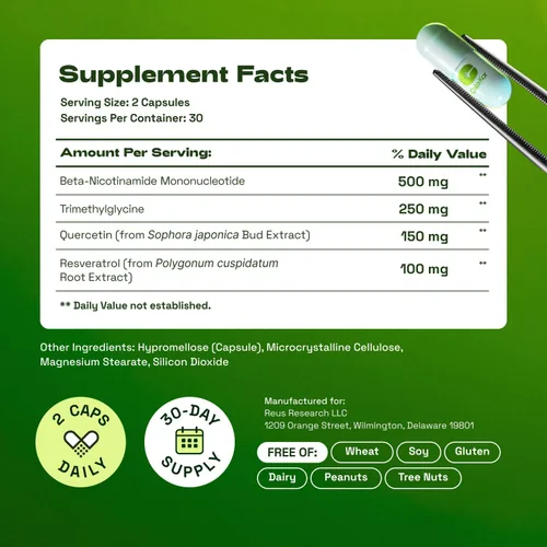 Vista 6 de Cata-Kor Suplemento NMN - Suplemento NAD 4 en 1 con quercetina TMG Resveratrol - Alternativa NMNH - Apoya la energía celular y el nivel de NAD+