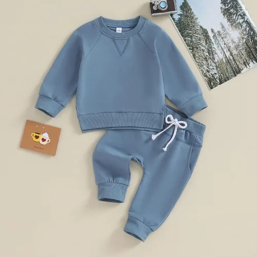 Vista 2 de Ehfomius Conjunto de 2 piezas de sudadera de manga larga para bebé niño y niña, color liso, 2 piezas, para otoño e invierno