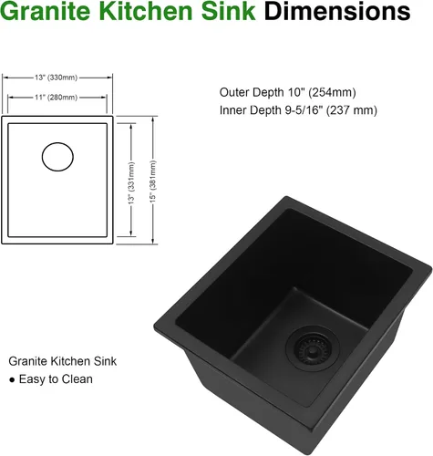 Vista 2 de Fregadero de barra negro, fregadero de cocina de montaje inferior de 13 x 15 x 10 pulgadas, fregadero de cocina pequeño y profundo de granito