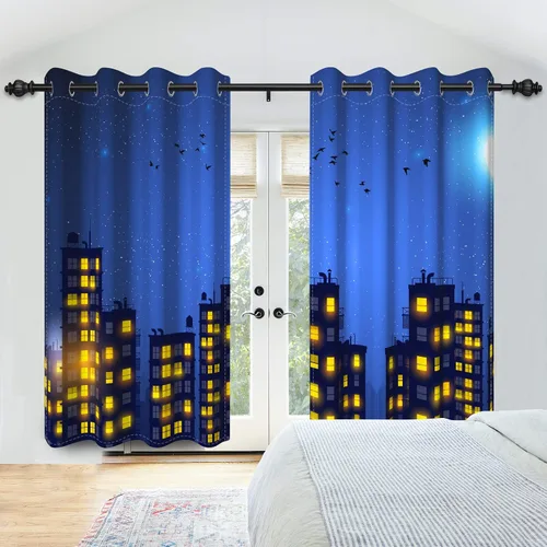 Vista 3 de Cortinas de superhéroe de 21 x 45 pulgadas, diseño de dibujos animados, cómic, edificios de ciudad, edificios, 2 paneles de oscurecimiento