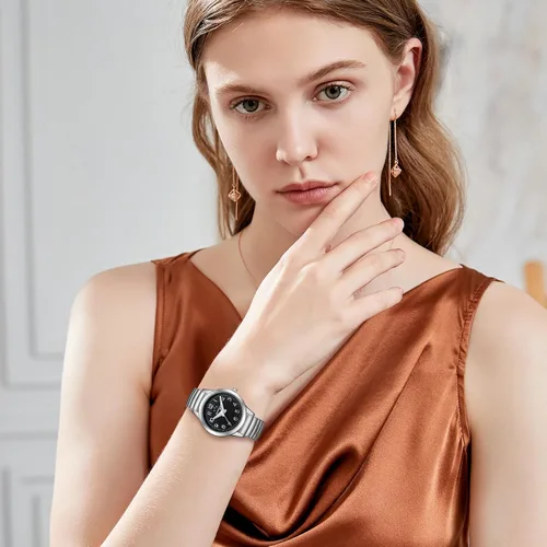Vista 4 de BOSHIYA Relojes para mujer Easy Reader de 1.181 in de acero inoxidable con banda de expansión plateada dorada para mujer, reloj de pulsera pequeño