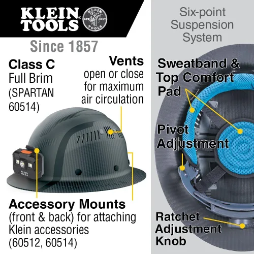Vista 2 de Klein Tools 60514 Casco duro, ala completa de fibra de carbono serie K12, linterna frontal recargable, ventilada, clase C, tipo 1, Spartan