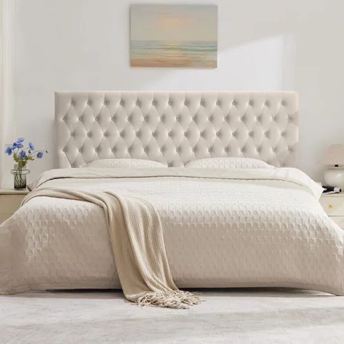Vista 15 de Kingfun Cabecera tapizada de tamaño Queen solamente, cabeceros capitoné de lino de alta calidad, cabecero ajustable de madera maciza, cabecera Beige