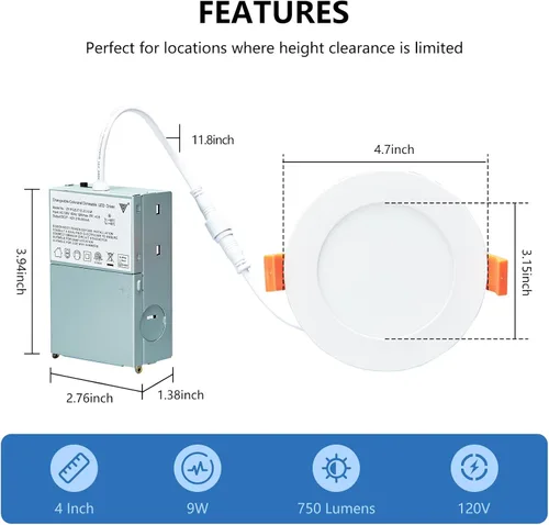 Vista 7 de CycevSun Luces empotrables LED de 4 pulgadas, sin lata, regulables y 5 CCT seleccionables, techo de oblea ultrafina, para exteriores e interiores, 9