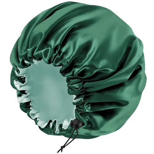 Vista 17 de Gorro de seda de satén para cabello rizado, gorro trenzado para dormir, para mujer, grande, doble capa ajustable (2 unidades, negro) Double Layer