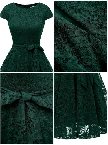 Vista 5 de MUADRESS - Vestido de encaje y floral con manga casquillo para mujer, elegante, con cuello redondo y longitud hasta la rodilla, vestidos de dama
