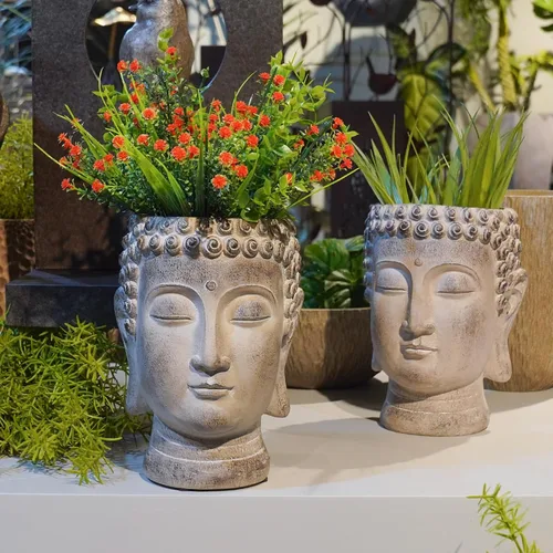 Vista 7 de Buddha - Maceta con Cara de Flor - Macetas de Cabeza - Estatua de Jardín - Maceta para Cactus y Suculentas Maceta de Interior y Exterior