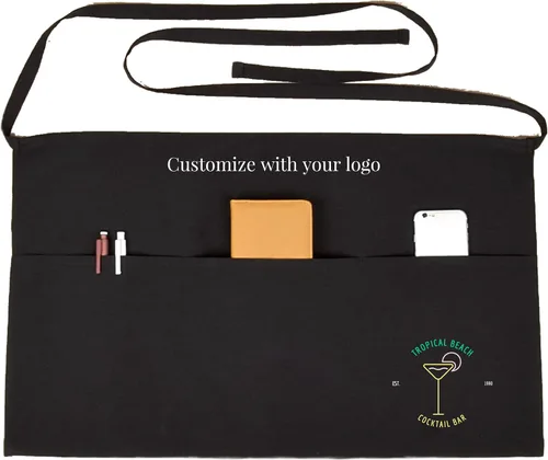 Vista 4 de SonaGear Delantal profesional para camarera con bolsillos, delantal de cintura negra para hombres y mujeres, medio delantal de 3 bolsillos