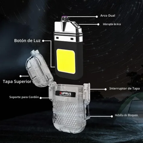 Vista 2 de SUPRUS Mechero impermeable de 3 modos de linterna, encendedor resistente al viento, eléctrico de arco doble recargable, encendedor de plasma de arco