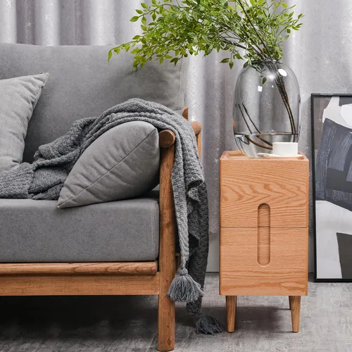 Vista 3 de Mesita de noche moderna de mediados de siglo, mesita de noche estrecha, mesa auxiliar minimalista para dormitorio, mesas de noche de 2 cajones