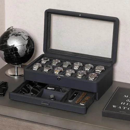 Vista 2 de ROTHWELL Caja de reloj de lujo para 12 relojes, caja de reloj de cuero PU con tapa de vidrio real, cajón deslizable para accesorios con múltiples