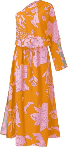 Vista 4 de NIANTIE Vestidos casuales de otoño para mujer, estampado floral, un hombro, fruncido, corto, manga de mariposa, dobladillo asimétrico