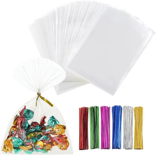 Vista 14 de 200 bolsas de celofán planas de celofán de 4 x 9 pulgadas, transparentes y gruesas, con lazos torcidos de 6 colores, embalaje, galletas, dulces