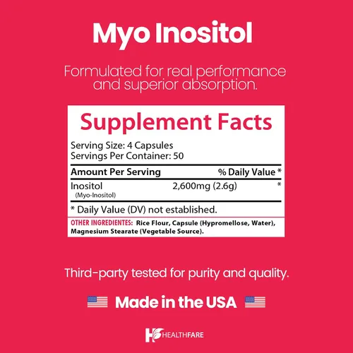 Vista 3 de Healthfare Myo - Suplemento de inositol, 2600 mg 200 cápsulas vegetales Ultra fuerte Apoyo ovárico saludable para mujeres Vitamina B8