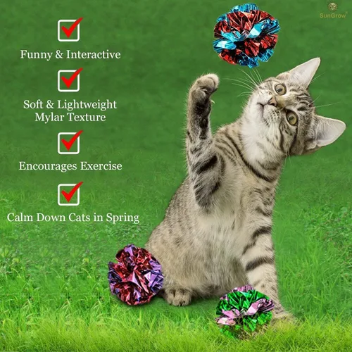 Vista 5 de SunGrow 24 bolas arrugadas de Mylar para gatos, 2 pulgadas para ejercicio para mantenerse en forma, ligeras, papel de aluminio brillante multicolor
