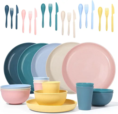 Vista 9 de Juego de vajilla de paja de trigo -DAPIPIK 42 piezas de vajilla irrompible para 6, juego de platos y cuencos para la cocina, juego de platos, tazas