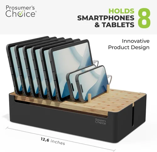 Vista 4 de Prosumer's Choice Organizador de estación de carga de madera negra para múltiples dispositivos, caja de organización de cables con 5 ranuras