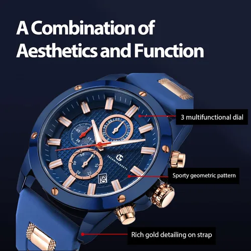 Vista 3 de Technigadgets Denzel Reloj cronógrafo para hombre, multifunción, de cuarzo, analógico, luminoso, con correa de silicona, resistente al agua 30M, Azul