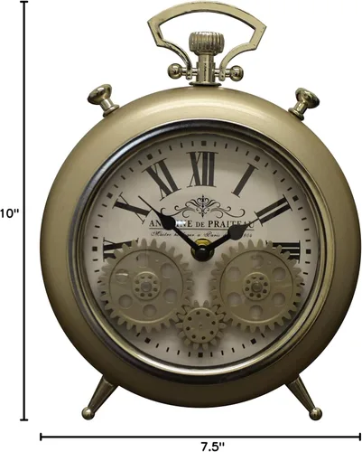 Vista 3 de Reloj de escritorio de esqueleto dorado y plateado estilo cronómetro vintage con engranajes móviles
