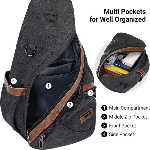 Vista 4 de WITZMAN Bolso bandolera de lona para hombres y mujeres, mochila convertible cruzada, estilo vintage, bolsa de pecho de viaje casual (A8003, negro)