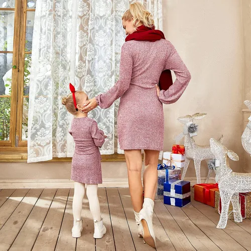 Vista 4 de PopReal Mommy and Me Outfits - Vestido de manga larga con estampado de leopardo negro y lazo frontal en la cintura, ropa familiar a juego