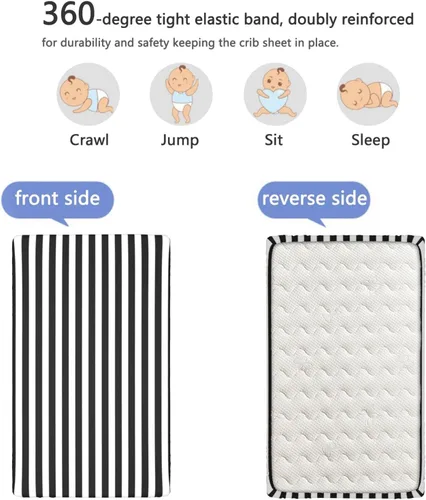 Vista 5 de Sábanas bajeras ajustables para cuna con temática de rayas blancas y negras, mini sábanas portátiles para cuna, material ultra suave, ideal
