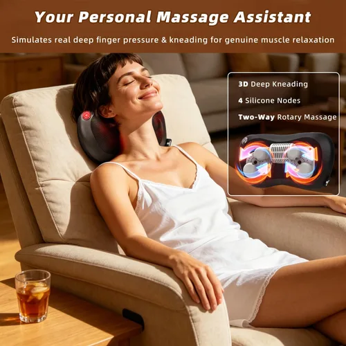 Vista 2 de Zenopax Shiatsu Masajeador de cuello y espalda con calor, almohada eléctrica recargable inalámbrica para aliviar el dolor muscular, amasamiento