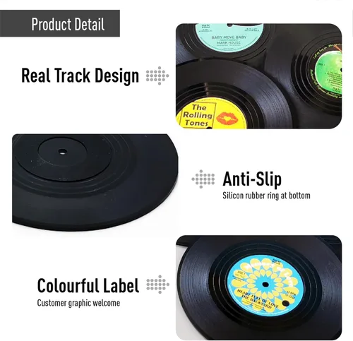 Vista 7 de Divertidos posavasos retro para bebidas de café con soporte para reproductor de vinilo, juego de 6 posavasos personalizados únicos para inauguración