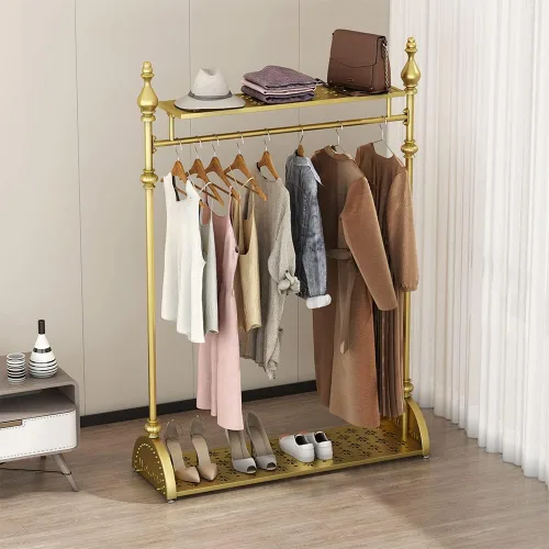 Vista 8 de Perchero de Ropa Dorado, Perchero de Ropa Industrial para Colgar Ropa con Estantes Dobles Independiente Multifuncional de Servicio Pesado Perchero