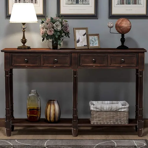 Vista 22 de Quarte Elegante mesa consola con tres cajones de almacenamiento, mesa de sofá extra larga para entrada, pasillo, sala de estar, vestíbulo, pasillo