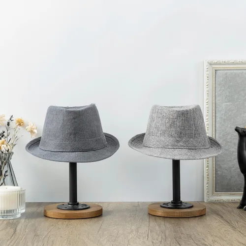 Vista 4 de MyGift 2 soportes para sombreros, perchero para sombreros de vaquero, organizador de gorra de béisbol con tubo de metal industrial, peluca o Madera