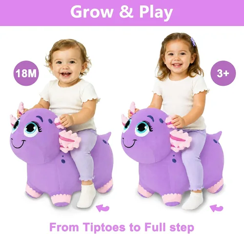 Vista 6 de Bouncy Pals Caballo saltador de ajolote morado, tolva inflable de animales para niñas pequeñas, juguete de salto al aire libre para niños, juguete