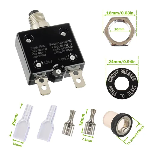 Vista 3 de Disyuntor de botón de reinicio manual 8A, 125/250 V CA, 50 V, CC, protector de sobrecarga térmica con terminales de conexión rápida y tapas de botón
