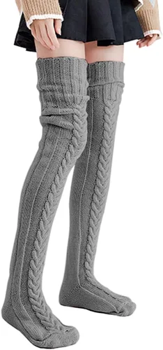 Vista 3 de SherryDC Calcetines altos hasta el muslo de punto trenzado para mujer, calcetines de invierno extra largos sobre la rodilla calentadores de piernas