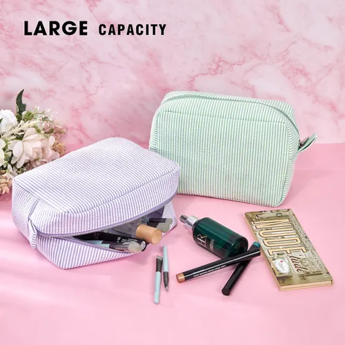 Vista 4 de Roycraft Bolsa de maquillaje de viaje y cosméticos para mujer, Raya, Seersucker bordado