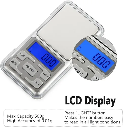 Vista 5 de Báscula de bolsillo digital portátil de 2 piezas, 17.64 oz de capacidad, 0.00 oz de precisión, báscula electrónica de joyería para alimentos