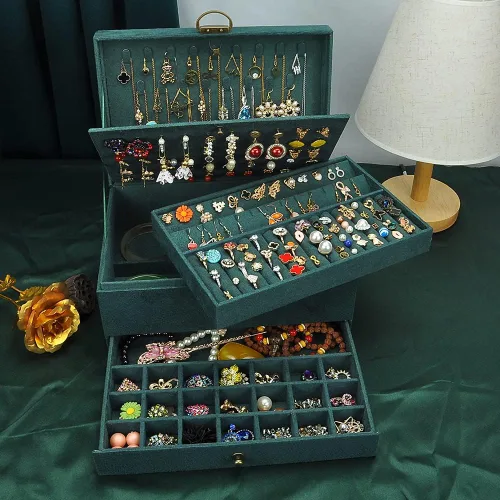 Vista 4 de GYJOYERO Joyero organizador de aretes de joyería para mujeres y niñas, 4 capas con cajones, collares, anillos, relojes, vitrina, almacenamiento